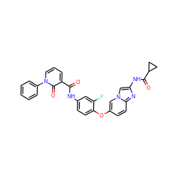 O=C(Nc1ccc(Oc2ccc3nc(NC(=O)C4CC4)cn3c2)c(F)c1)c1cccn(-c2ccccc2)c1=O ZINC000103256219