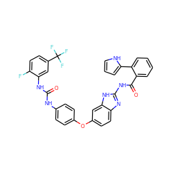 O=C(Nc1ccc(Oc2ccc3nc(NC(=O)c4ccccc4-c4ccc[nH]4)[nH]c3c2)cc1)Nc1cc(C(F)(F)F)ccc1F ZINC000028712079