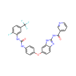 O=C(Nc1ccc(Oc2ccc3nc(NC(=O)c4cccnc4)[nH]c3c2)cc1)Nc1cc(C(F)(F)F)ccc1F ZINC000014965600