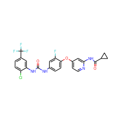 O=C(Nc1ccc(Oc2ccnc(NC(=O)C3CC3)c2)c(F)c1)Nc1cc(C(F)(F)F)ccc1Cl ZINC001772602188