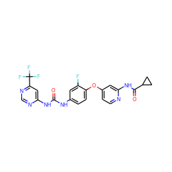 O=C(Nc1ccc(Oc2ccnc(NC(=O)C3CC3)c2)c(F)c1)Nc1cc(C(F)(F)F)ncn1 ZINC001772620315