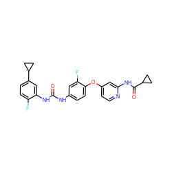 O=C(Nc1ccc(Oc2ccnc(NC(=O)C3CC3)c2)c(F)c1)Nc1cc(C2CC2)ccc1F ZINC001772643534