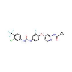 O=C(Nc1ccc(Oc2ccnc(NC(=O)C3CC3)c2)c(F)c1)Nc1ccc(C(F)(F)F)c(Cl)c1 ZINC001772600472