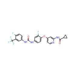 O=C(Nc1ccc(Oc2ccnc(NC(=O)C3CC3)c2)c(F)c1)Nc1ccc(F)c(C(F)(F)F)c1 ZINC001772631494