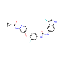 O=C(Nc1ccc(Oc2ccnc(NC(=O)C3CC3)c2)c(F)c1)Nc1ccc2[nH]cc(F)c2c1 ZINC001772600738