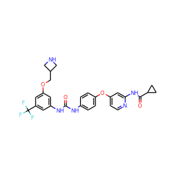 O=C(Nc1ccc(Oc2ccnc(NC(=O)C3CC3)c2)cc1)Nc1cc(OCC2CNC2)cc(C(F)(F)F)c1 ZINC000217697142