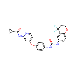 O=C(Nc1ccc(Oc2ccnc(NC(=O)C3CC3)c2)cc1)Nc1ccc2c(c1)C(F)(F)CCO2 ZINC001772579694