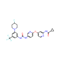 O=C(Nc1ccc(Oc2ccnc(NC(=O)C3CC3)c2)nc1)Nc1cc(N2CCC(F)CC2)cc(C(F)(F)F)c1 ZINC001772651401