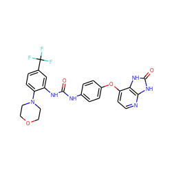 O=C(Nc1ccc(Oc2ccnc3[nH]c(=O)[nH]c23)cc1)Nc1cc(C(F)(F)F)ccc1N1CCOCC1 ZINC000040412363