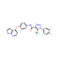 O=C(Nc1ccc(Oc2ccnc3[nH]ccc23)c(F)c1)c1nnn(-c2ccc(F)c(F)c2)c1C(F)(F)F ZINC000653730845