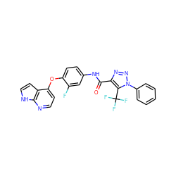 O=C(Nc1ccc(Oc2ccnc3[nH]ccc23)c(F)c1)c1nnn(-c2ccccc2)c1C(F)(F)F ZINC000653721922