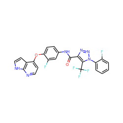 O=C(Nc1ccc(Oc2ccnc3[nH]ccc23)c(F)c1)c1nnn(-c2ccccc2F)c1C(F)(F)F ZINC000653717523