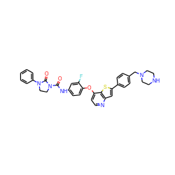 O=C(Nc1ccc(Oc2ccnc3cc(-c4ccc(CN5CCNCC5)cc4)sc23)c(F)c1)N1CCN(c2ccccc2)C1=O ZINC000044305653