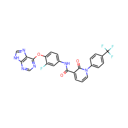 O=C(Nc1ccc(Oc2ncnc3[nH]cnc23)c(F)c1)c1cccn(-c2ccc(C(F)(F)F)cc2)c1=O ZINC000095601726