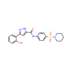 O=C(Nc1ccc(S(=O)(=O)N2CCCCC2)cc1)c1cc(-c2ccccc2O)n[nH]1 ZINC000009293016