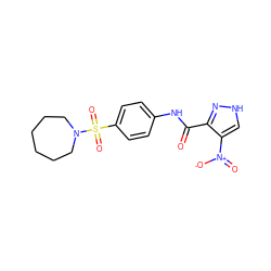 O=C(Nc1ccc(S(=O)(=O)N2CCCCCC2)cc1)c1n[nH]cc1[N+](=O)[O-] ZINC000015989794