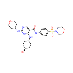 O=C(Nc1ccc(S(=O)(=O)N2CCOCC2)cc1)c1cnc(NC2CCOCC2)nc1N[C@H]1CC[C@H](O)CC1 ZINC000261157132