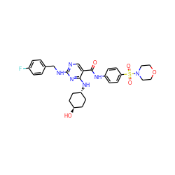 O=C(Nc1ccc(S(=O)(=O)N2CCOCC2)cc1)c1cnc(NCc2ccc(F)cc2)nc1N[C@H]1CC[C@H](O)CC1 ZINC000261127511