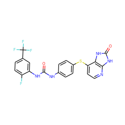 O=C(Nc1ccc(Sc2ccnc3[nH]c(=O)[nH]c23)cc1)Nc1cc(C(F)(F)F)ccc1F ZINC000045506213