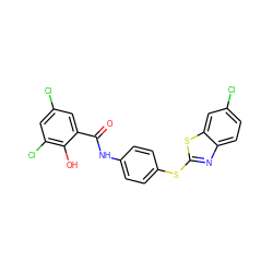 O=C(Nc1ccc(Sc2nc3ccc(Cl)cc3s2)cc1)c1cc(Cl)cc(Cl)c1O ZINC000026575515