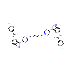 O=C(Nc1ccc2[nH]cc(C3CCN(CCCCCCN4CCC(c5c[nH]c6ccc(NC(=O)c7ccc(F)cc7)cc56)CC4)CC3)c2c1)c1ccc(F)cc1 ZINC000095615856