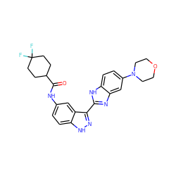 O=C(Nc1ccc2[nH]nc(-c3nc4cc(N5CCOCC5)ccc4[nH]3)c2c1)C1CCC(F)(F)CC1 ZINC000146965601