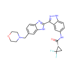 O=C(Nc1ccc2[nH]nc(-c3nc4ccc(CN5CCOCC5)cc4[nH]3)c2c1)[C@@H]1CC1(F)F ZINC000169694731