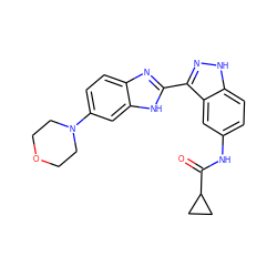 O=C(Nc1ccc2[nH]nc(-c3nc4ccc(N5CCOCC5)cc4[nH]3)c2c1)C1CC1 ZINC000169694729