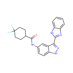 O=C(Nc1ccc2[nH]nc(-c3nc4ccccc4[nH]3)c2c1)C1CCC(F)(F)CC1 ZINC000147011247