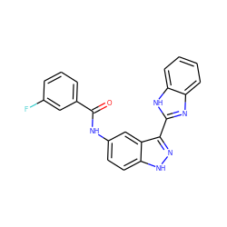 O=C(Nc1ccc2[nH]nc(-c3nc4ccccc4[nH]3)c2c1)c1cccc(F)c1 ZINC000169694733