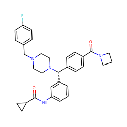 O=C(Nc1cccc([C@@H](c2ccc(C(=O)N3CCC3)cc2)N2CCN(Cc3ccc(F)cc3)CC2)c1)C1CC1 ZINC000073161346