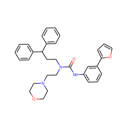 O=C(Nc1cccc(-c2ccco2)c1)N(CCC(c1ccccc1)c1ccccc1)CCN1CCOCC1 ZINC000095601747