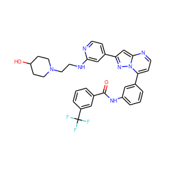 O=C(Nc1cccc(-c2ccnc3cc(-c4ccnc(NCCN5CCC(O)CC5)c4)nn23)c1)c1cccc(C(F)(F)F)c1 ZINC000049781095