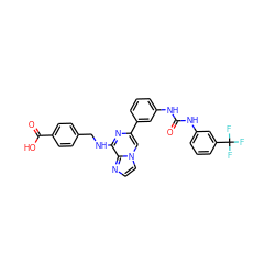 O=C(Nc1cccc(-c2cn3ccnc3c(NCc3ccc(C(=O)O)cc3)n2)c1)Nc1cccc(C(F)(F)F)c1 ZINC000049774632