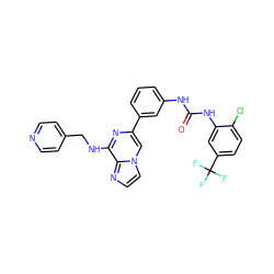 O=C(Nc1cccc(-c2cn3ccnc3c(NCc3ccncc3)n2)c1)Nc1cc(C(F)(F)F)ccc1Cl ZINC000049775015