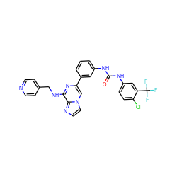 O=C(Nc1cccc(-c2cn3ccnc3c(NCc3ccncc3)n2)c1)Nc1ccc(Cl)c(C(F)(F)F)c1 ZINC000049777183