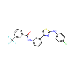 O=C(Nc1cccc(-c2csc(Nc3ccc(Cl)cc3)n2)c1)c1cccc(C(F)(F)F)c1 ZINC000013682580