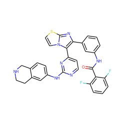 O=C(Nc1cccc(-c2nc3sccn3c2-c2ccnc(Nc3ccc4c(c3)CCNC4)n2)c1)c1c(F)cccc1F ZINC000049793427