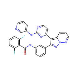 O=C(Nc1cccc(-c2nn3ncccc3c2-c2ccnc(Nc3cccnc3)n2)c1)c1c(F)cccc1F ZINC000049604973