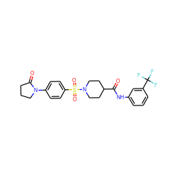 O=C(Nc1cccc(C(F)(F)F)c1)C1CCN(S(=O)(=O)c2ccc(N3CCCC3=O)cc2)CC1 ZINC000009435945