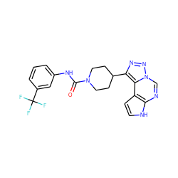 O=C(Nc1cccc(C(F)(F)F)c1)N1CCC(c2nnn3cnc4[nH]ccc4c23)CC1 ZINC001772642493