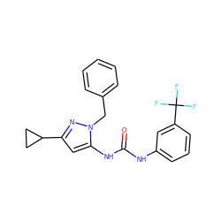 O=C(Nc1cccc(C(F)(F)F)c1)Nc1cc(C2CC2)nn1Cc1ccccc1 ZINC000096273838