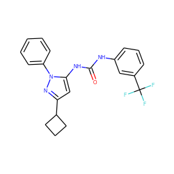 O=C(Nc1cccc(C(F)(F)F)c1)Nc1cc(C2CCC2)nn1-c1ccccc1 ZINC000096273847