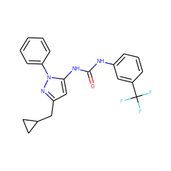 O=C(Nc1cccc(C(F)(F)F)c1)Nc1cc(CC2CC2)nn1-c1ccccc1 ZINC000096273816