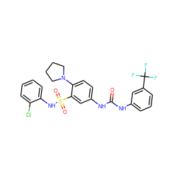 O=C(Nc1cccc(C(F)(F)F)c1)Nc1ccc(N2CCCC2)c(S(=O)(=O)Nc2ccccc2Cl)c1 ZINC000008684391