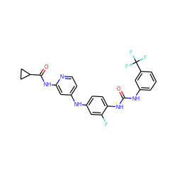 O=C(Nc1cccc(C(F)(F)F)c1)Nc1ccc(Nc2ccnc(NC(=O)C3CC3)c2)cc1F ZINC001772605982