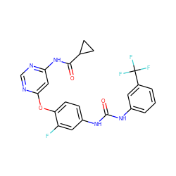 O=C(Nc1cccc(C(F)(F)F)c1)Nc1ccc(Oc2cc(NC(=O)C3CC3)ncn2)c(F)c1 ZINC001772611328