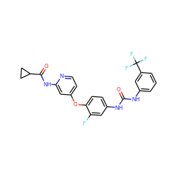 O=C(Nc1cccc(C(F)(F)F)c1)Nc1ccc(Oc2ccnc(NC(=O)C3CC3)c2)c(F)c1 ZINC001772656116