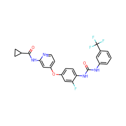 O=C(Nc1cccc(C(F)(F)F)c1)Nc1ccc(Oc2ccnc(NC(=O)C3CC3)c2)cc1F ZINC001772648495