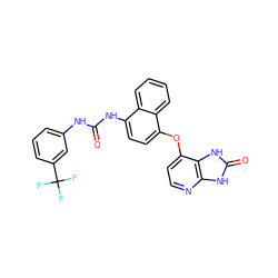 O=C(Nc1cccc(C(F)(F)F)c1)Nc1ccc(Oc2ccnc3[nH]c(=O)[nH]c23)c2ccccc12 ZINC000040975630